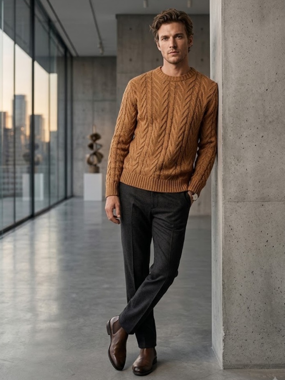 John Richmond Cable-Knit Wool-Blend Sweater in Camel - Size Large